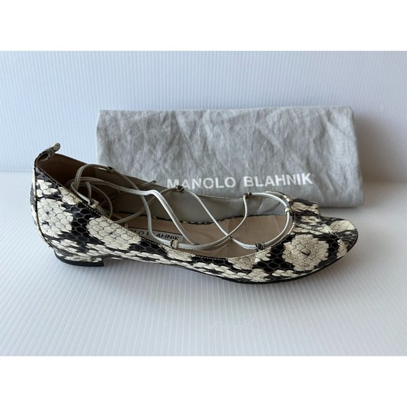 Manolo Blahnik Gray & Cream Snakeskin Lace-Up Espadrille Flats, Size 7 US, 37 IT